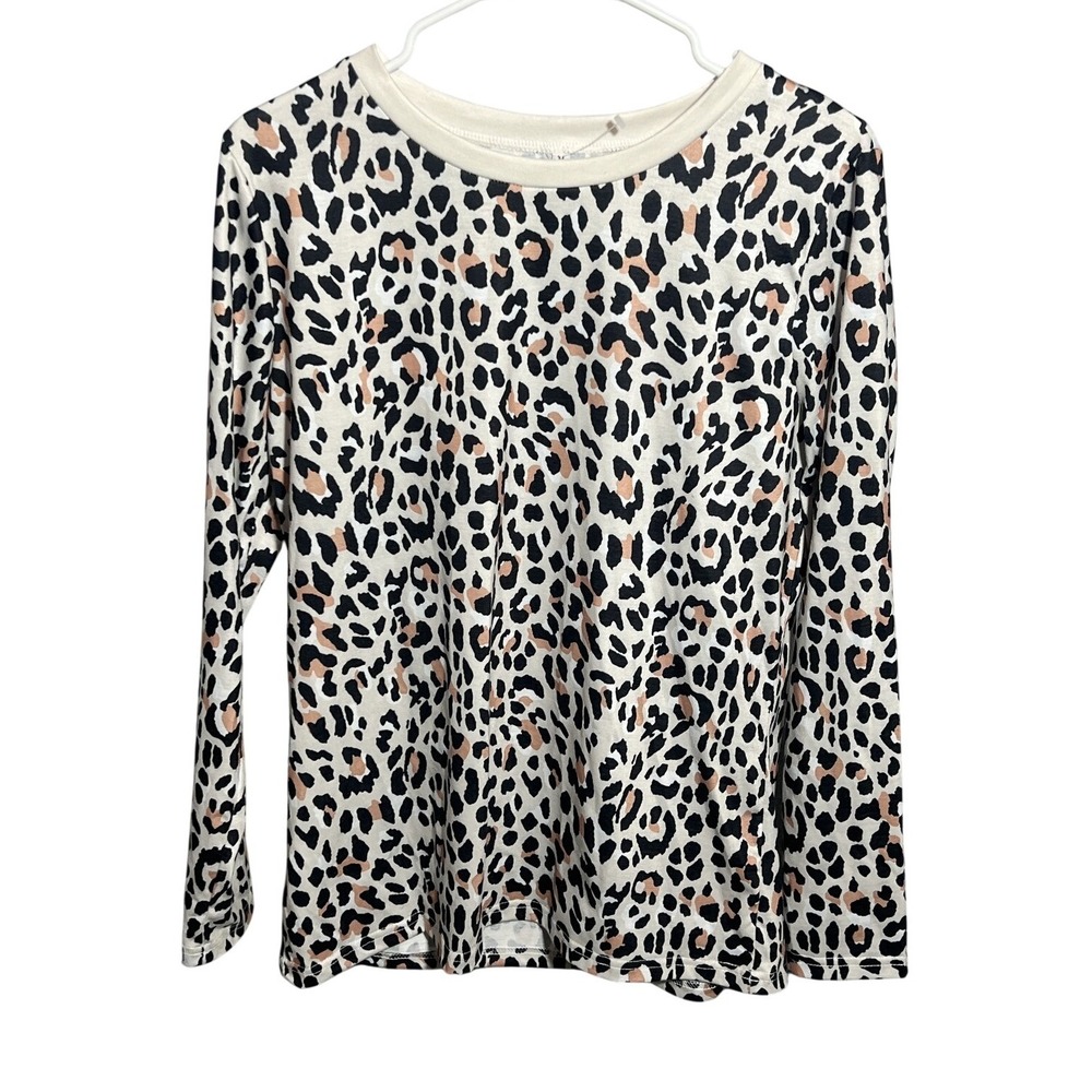 Women's Leopard Print Long Sleeve Top Size M Black White Peach Crew Neck T-Shirt